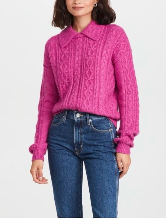 Free People Sweaters - FREE PEOPLE Sz S Every Cloud Sweater Fuchsia Fizz Cable Collared Cotton Blend